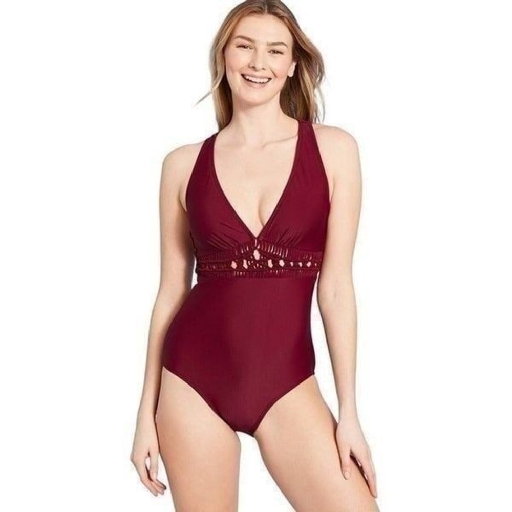 Kona Sol Elegant Burgundy One-Piece Swimsuit With Crochet Detail